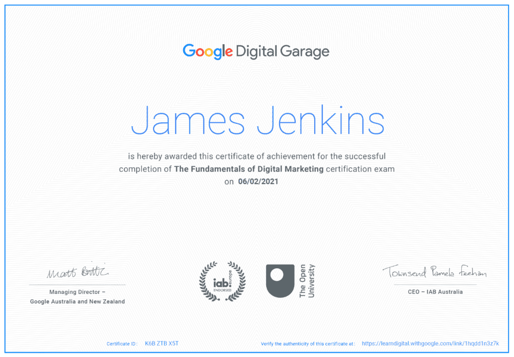 Fundamentals of Digital Marketing Certificate - James Jenkins